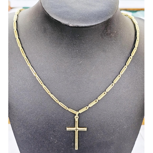 322 - Gold chain with fancy elongated belcher links, marked 585, and a gold cross pendant marked 585, tota... 