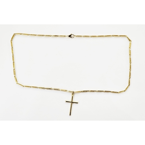 322 - Gold chain with fancy elongated belcher links, marked 585, and a gold cross pendant marked 585, tota... 