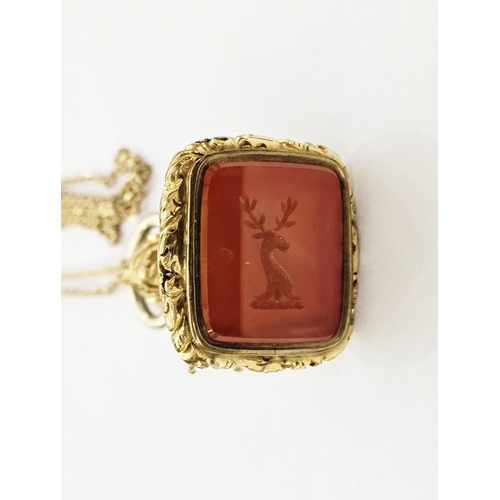 324 - Victorian gilt metal fob seal of ornate design with a fox's head and foliate scrolls, the agate tabl... 