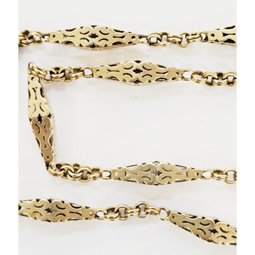 373 - Victorian gold coloured watch chain with alternating belcher and pierced fancy links, 73cm long, lin... 