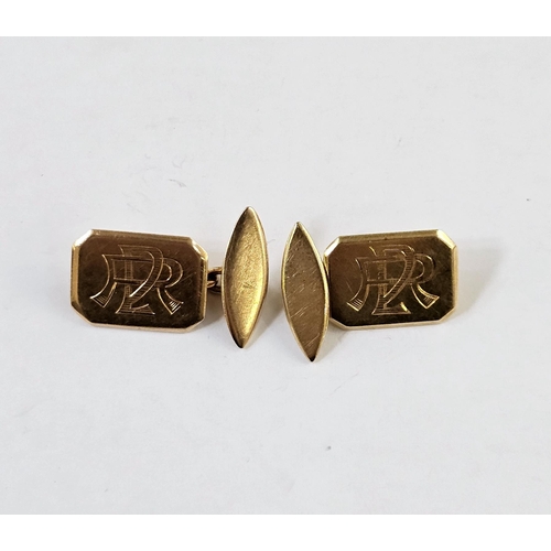 506 - Pair of 14ct gold cufflinks of rectangular form with chamfered corners, engraved with monograms with... 