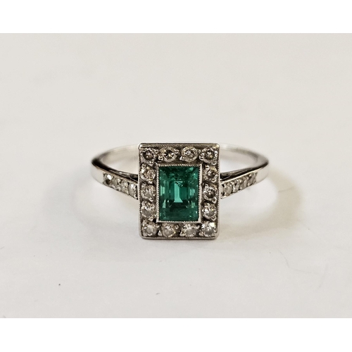 510 - White metal, diamond and emerald ring, the central cut emerald within a border of 14 brilliant cut d... 