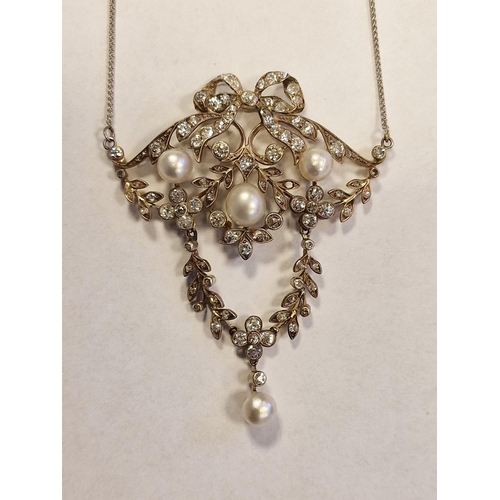 511 - Mid-Victorian diamond and pearl pendant and necklace, the pendant set three natural pearls on ribban... 