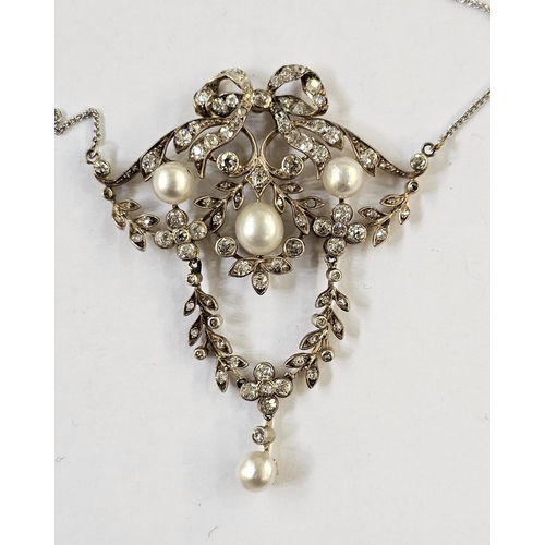 511 - Mid-Victorian diamond and pearl pendant and necklace, the pendant set three natural pearls on ribban... 