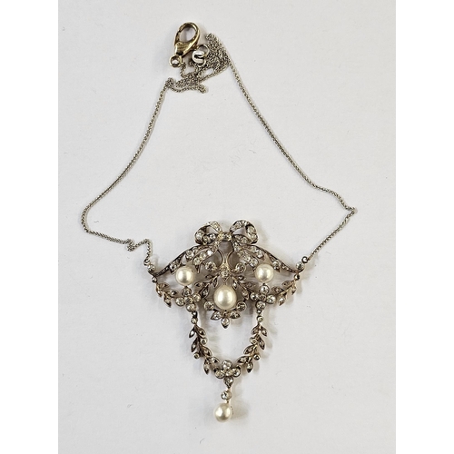 511 - Mid-Victorian diamond and pearl pendant and necklace, the pendant set three natural pearls on ribban... 