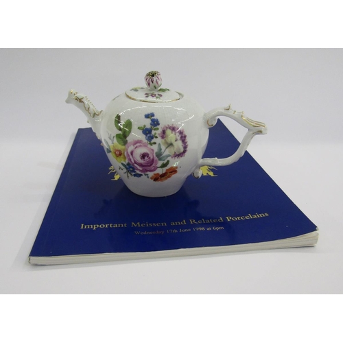 55 - Meissen globular teapot and cover, circa 1745-50, blue crossed swords marks, incised K, with gilt wi... 