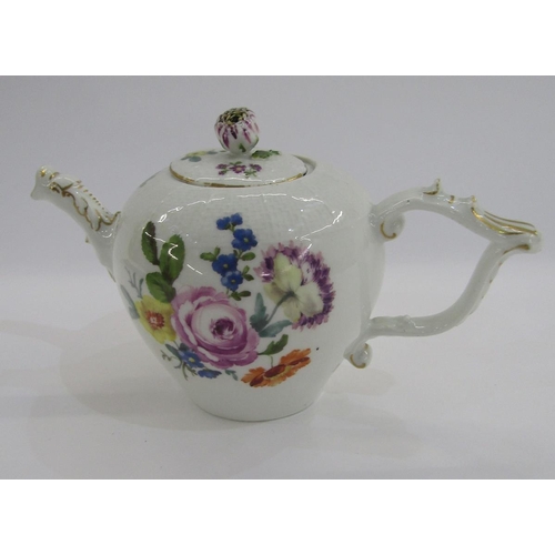 55 - Meissen globular teapot and cover, circa 1745-50, blue crossed swords marks, incised K, with gilt wi... 