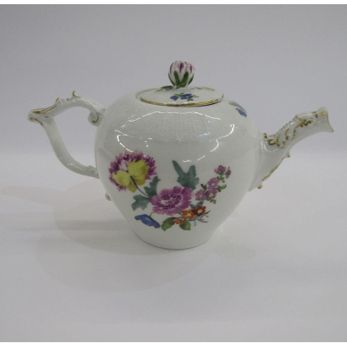 55 - Meissen globular teapot and cover, circa 1745-50, blue crossed swords marks, incised K, with gilt wi... 