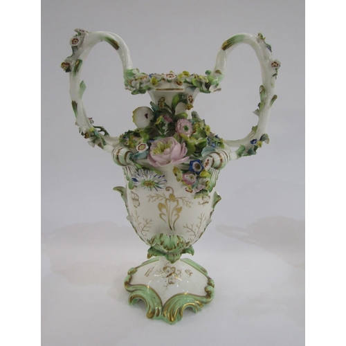 56 - Pair of English porcelain Coalbrookdale two-handled rocaille flower-encrusted vases, circa 1835, gre... 