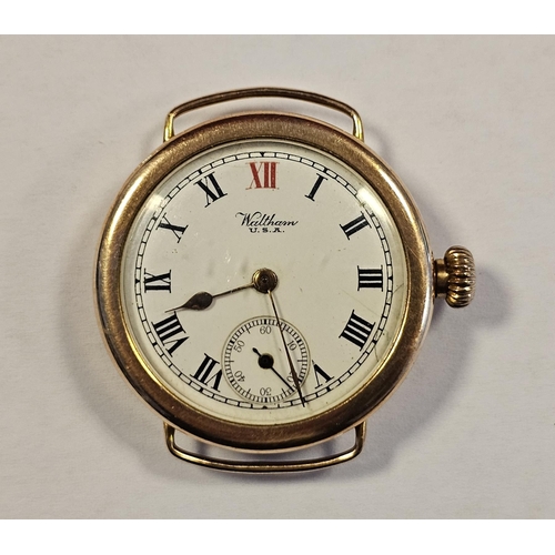 575 - Early 20th century 9ct gold cased trench style wristwatch, the enamel dial with Roman numerals denot... 