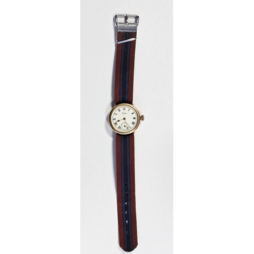 575 - Early 20th century 9ct gold cased trench style wristwatch, the enamel dial with Roman numerals denot... 