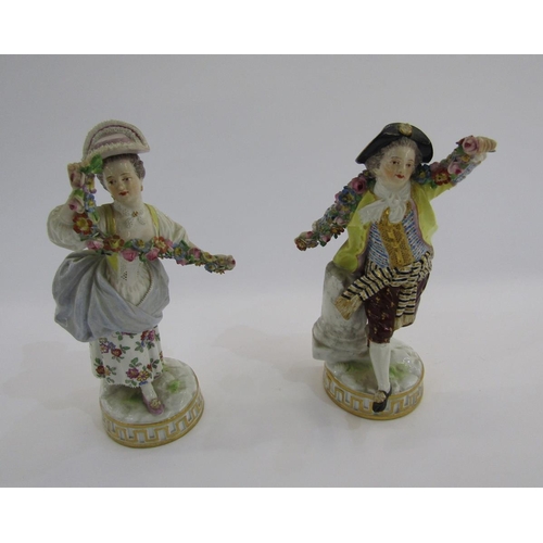 58 - Pair of Meissen figures of a gallant and companion, circa 1880, blue crossed swords marks, pressnumm... 