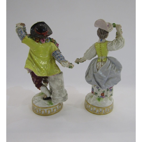 58 - Pair of Meissen figures of a gallant and companion, circa 1880, blue crossed swords marks, pressnumm... 