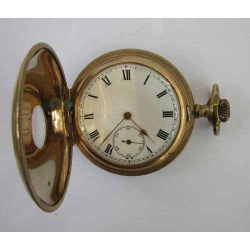 582 - Silver open-faced pocket watch, the enamel dial with subsidiary seconds dial, a gilt metal half-hunt... 