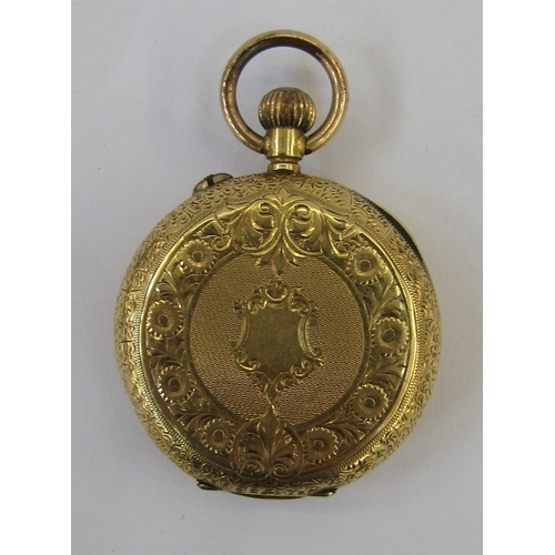 585 - Lady's gold open-faced fob watch, the engine turned dial with Roman numbers, the case with engraved ... 