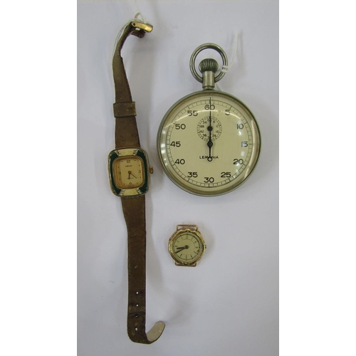 589 - Lady's gold bracelet watch marked 14K, a lady's Heno Incabloc gilt metal and enamel strap watch, and... 