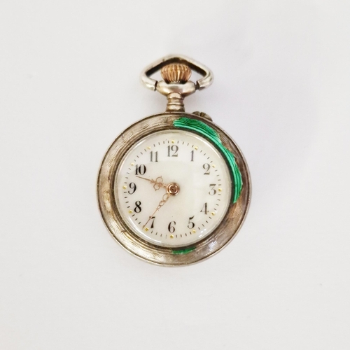 593 - Early 20th century white metal cased lady's fob watch, the case decorated with green guilloche ename... 