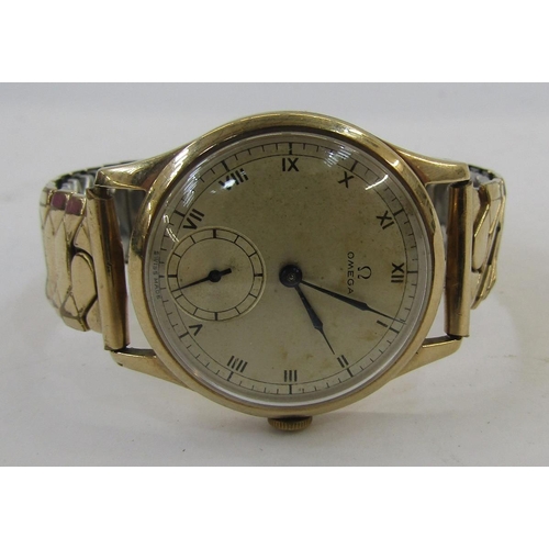 600 - A 1940's 9ct gold cased Gentleman's Omega manual wind wristwatch, the circular dial having Roman num... 