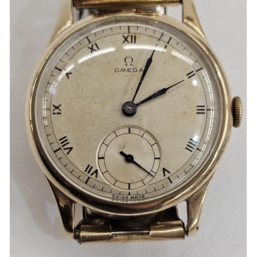 600 - A 1940's 9ct gold cased Gentleman's Omega manual wind wristwatch, the circular dial having Roman num... 