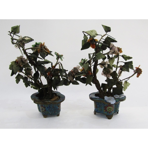 110 - Pair of Chinese hardstone and jade bonsai trees, Qing Dynasty, in cloisonne enamel quatrefoil jardin... 