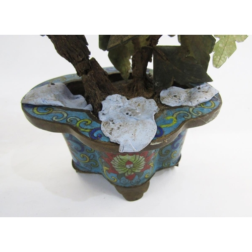 110 - Pair of Chinese hardstone and jade bonsai trees, Qing Dynasty, in cloisonne enamel quatrefoil jardin... 