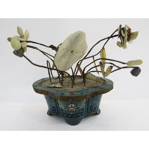 114 - Chinese hardstone and wirework model water lily plant in cloisonne enamel quatrefoil jardiniere with... 