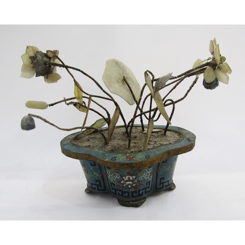 114 - Chinese hardstone and wirework model water lily plant in cloisonne enamel quatrefoil jardiniere with... 