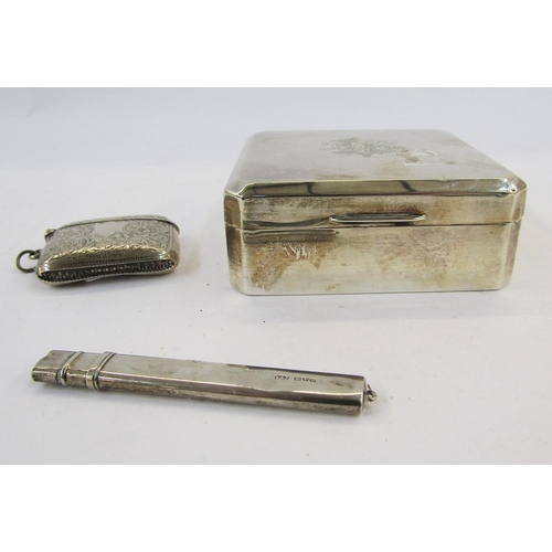 258 - Silver cigarette box, Birmingham 1958, maker's mark rubbed, of square form, initials engraved to lid... 