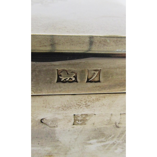 258 - Silver cigarette box, Birmingham 1958, maker's mark rubbed, of square form, initials engraved to lid... 