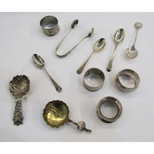 269 - Collection of silver items including four napkin rings, sugar tongs, Queen Elizabeth II silver jubil... 