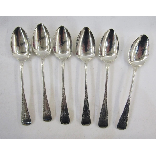 287 - Set of six silver George lV and William lV teaspoons, bright cut, engraved, London 1822, 1824 and 18... 