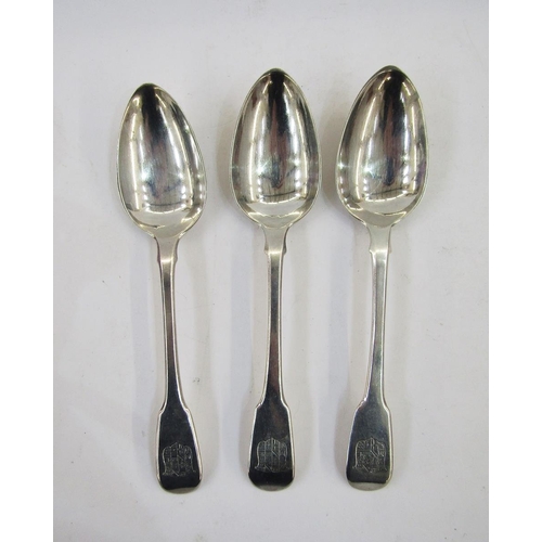 289 - Set of three George lll silver fiddle pattern table spoons, 1809, maker's mark William Eley, William... 