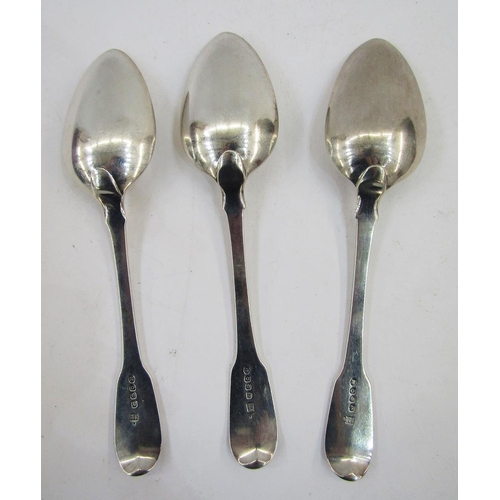 289 - Set of three George lll silver fiddle pattern table spoons, 1809, maker's mark William Eley, William... 