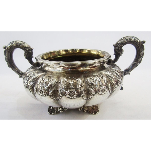 295 - George IV silver three-piece teaset with teapot, two handled sugar basin and cream jug, each piece o... 