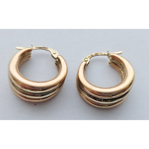 508 - Pair of 9ct gold three-colour hoop earrings, 3.2g approx.