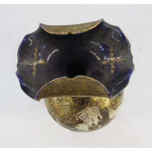 49 - Japanese Late Meiji period (1868-1912) blue-ground two-handled oviform Satsuma vase, with frilled ne... 