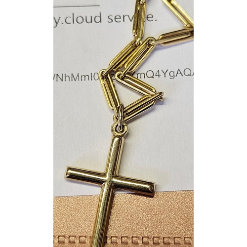 322 - Gold chain with fancy elongated belcher links, marked 585, and a gold cross pendant marked 585, tota... 