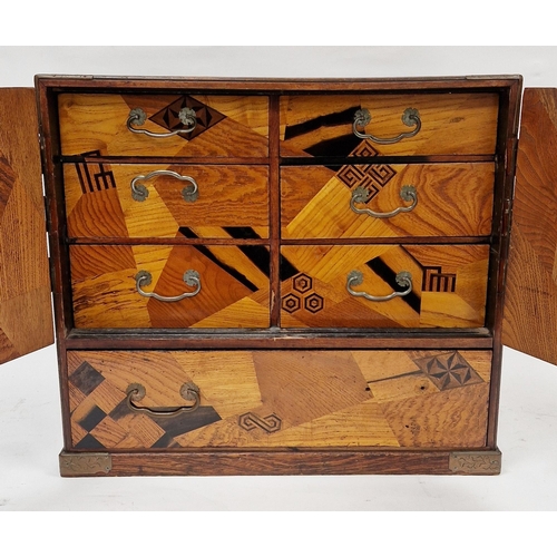 1000 - Japanese Meiji period wooden table top cabinet, marquetry inlaid in the manner of Yosegi-Zaiku, bras... 