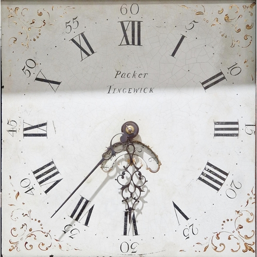 1013A - Antique oak longcase clock with dentil cornice, the painted dial inscribed “Packer Tingewick”, with ... 