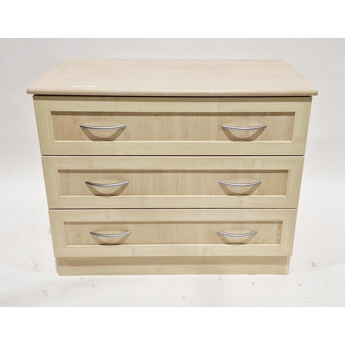 1051 - Modern pale oak effect chest of three long drawers with metal handles, 75cm high x 92cm wide x 52cm ... 