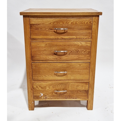 1052 - Modern oak chest of four drawers with curved metal handles, on short square legs, 89cm high x 63cm w... 