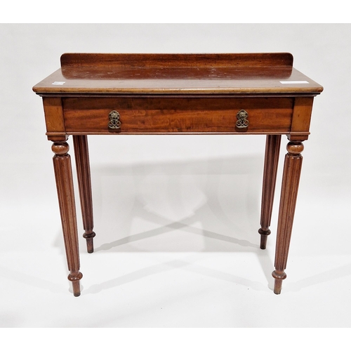 1055 - 19th century mahogany side table, the top with back rail and rounded corner, over a single long frie... 