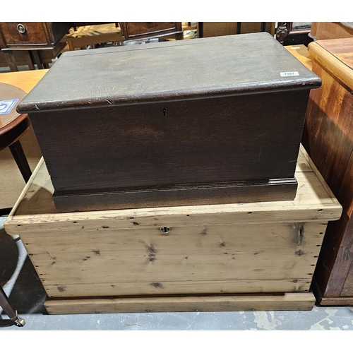 1057 - 19th century oak carpenter's chest, the hinged lid opening to an interior fitted with three drawers ... 