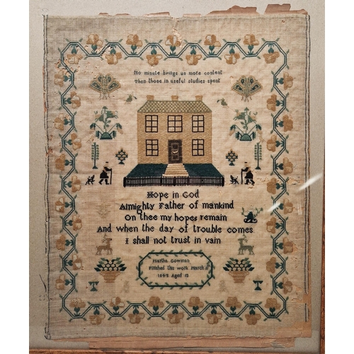 110 - Victorian needlework sampler by Martha Gowman, age 13, dated 1845, finely embroidered with a house a... 