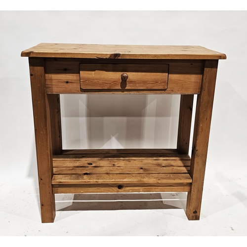 1135 - 20th century pine console table, the rectangular table with short frieze drawer, slatted shelf below... 