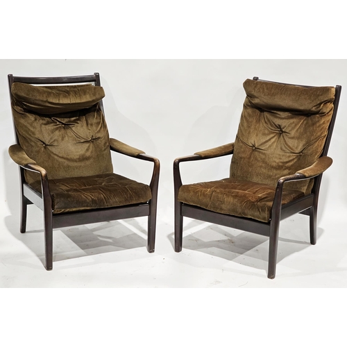 1161 - Pair of mid-century retro teak-framed armchairs by Cintique, with brown button upholstered cushion b... 