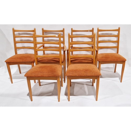 1196 - Set of six mid-century 1970's Schreiber ladderback dining chairs with orange upholstered seats, labe... 