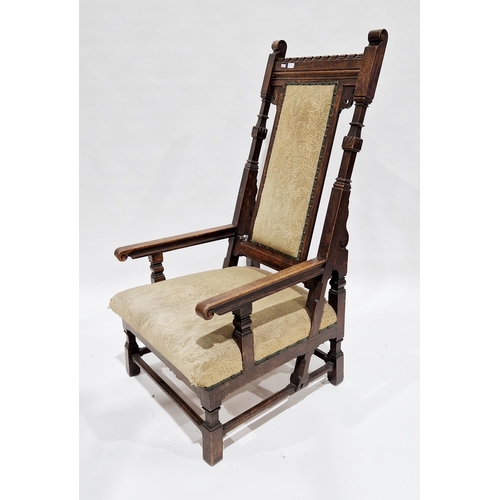 1204 - Arts and Crafts oak open armchair with dentil carved top rail, upholstered solid splat and stuff-ove... 