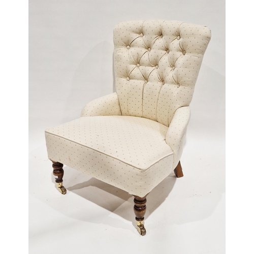 1205 - 19th century style button-back easy chair, upholstered in a cream fabric, on turned baluster oak fro... 