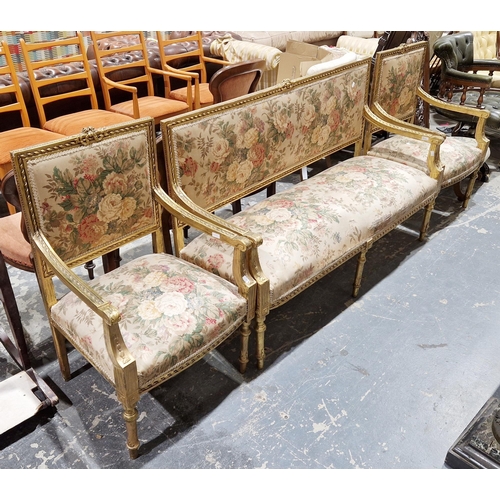 1208 - Gilt finish salon suite in the  French Louis XV manner comprising a settee and a pair of elbow chair... 